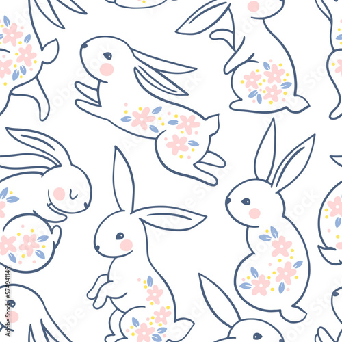 Trendy seamless pattern. A line of silhouettes of a bunny rabbit in a vector painted with pink flowers. Monochrome linocut white background. Hand-drawn cartoon illustration of forest character.