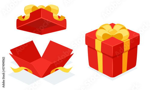 Open and close a mystery Red gift box with a yellow ribbon on white background. Random secret loot box isometric concept. Vector illustration cartoon flat design.