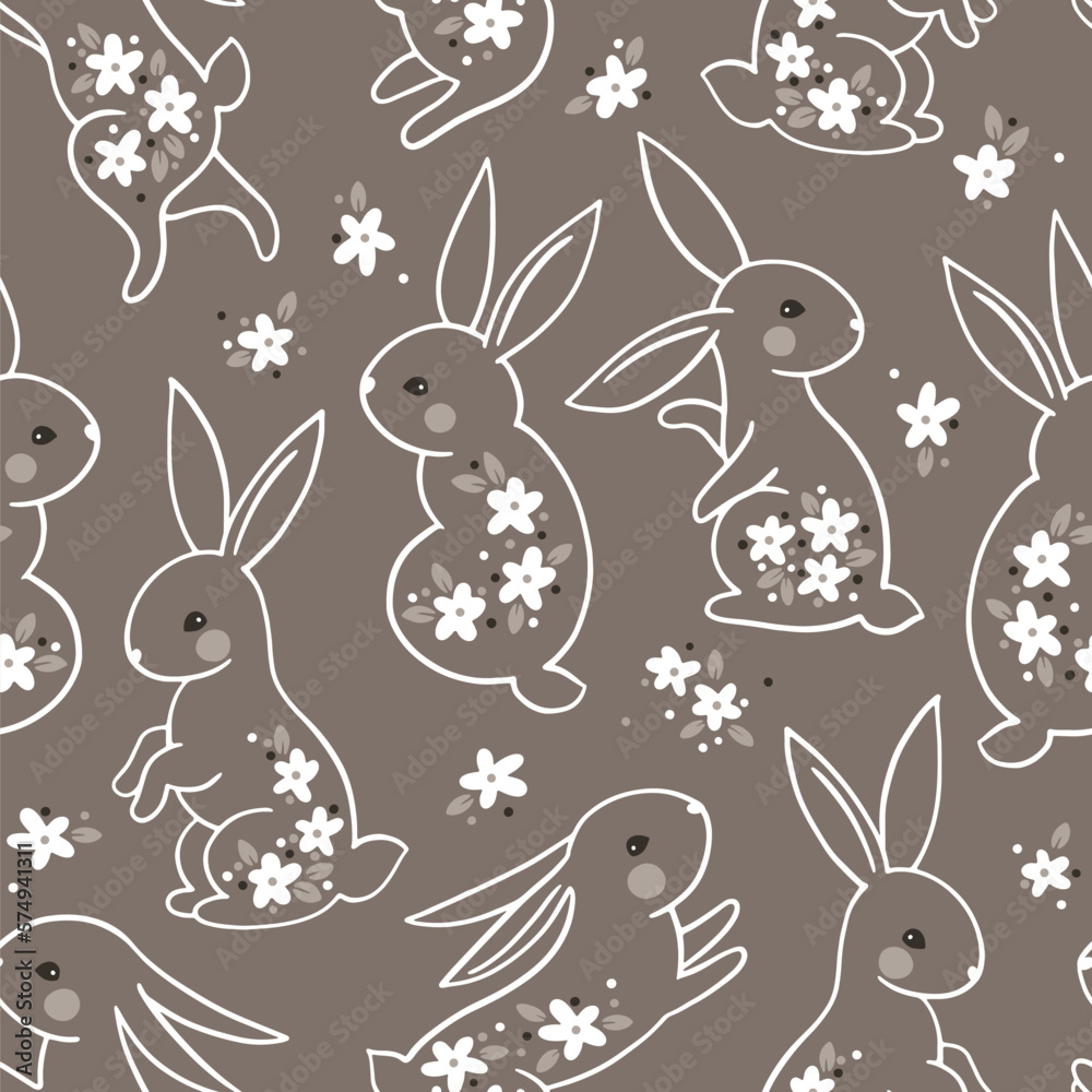 Trendy spring summer natural seamless pattern. A line of silhouettes of a bunny rabbit in a vector painted with small flowers. Hand drawn cartoon linocut of a cute forest character and a daisy.