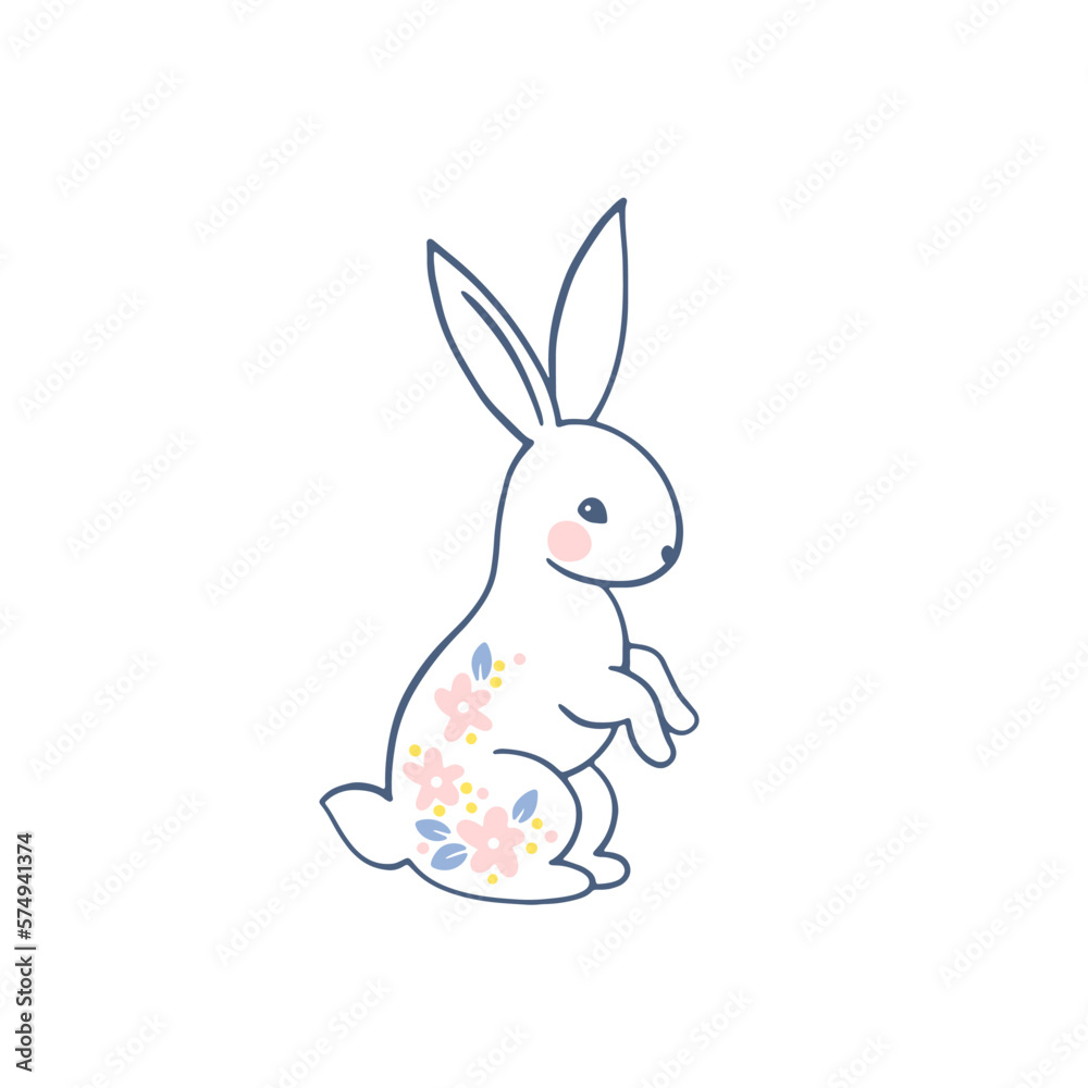 Fototapeta premium A line of silhouettes of a bunny rabbit in a vector painted with pink flowers. Monochrome linocut on a white background. Hand-drawn cartoon illustration of cute forest character.