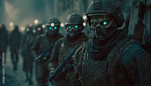 Evil zombie soldier army all with massive guns lined up in ranks marching on a apolyptic city, War Concept. Generative AI