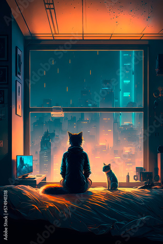 Cat sitting on a bed in front of a window. Cyberpunk. Generative AI