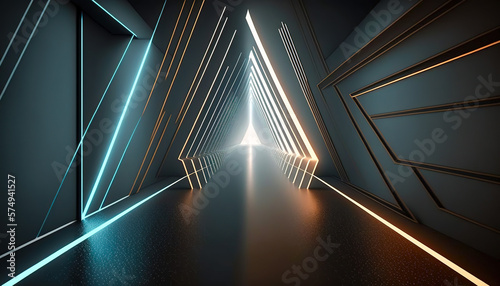 Fluorescent Illumination, Geometric Shapes of a Luminous Triangular Hallway, Generative AI photo