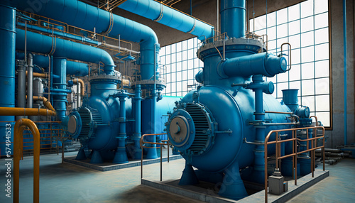 Wallpaper Mural Large Industrial Blue Boiler Room and Water Treatment Facility, Generative AI Torontodigital.ca