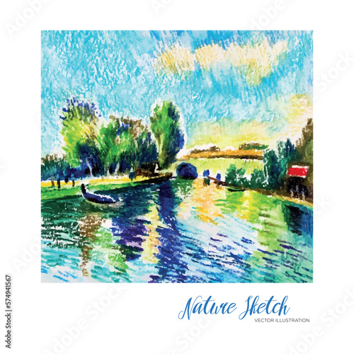 Sketch graphic, landscape, colored pencils. Vector illustration. Summer nature illustration. Art background.