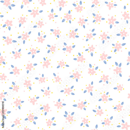 Trendy floral seamless pattern. Simple small pink daisies with leaves in vector. Hand-drawn cartoon linocut of cute flowers in pastel colors. Ideal for textiles, fabric, wallpaper.