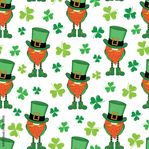 Leprechaun and clover leaf seamless pattern. happy St. Patrick's Day! Good for textile print, poster, banner, wrapping and wall paper.