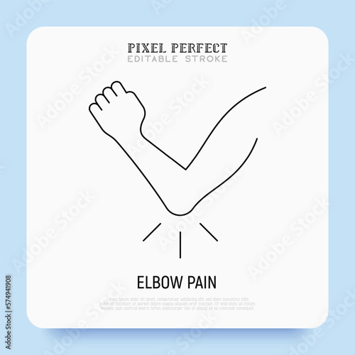 Elbow pain, arthritis symptom thin line icon. Joint inflammation. Pixel perfect, editable stroke. Vector illustration.