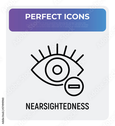 Ophthalmology thin line icon: nearsightedness. Human eye with minus sign. Modern vector illustration.
