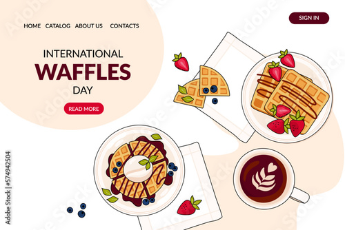 Web Page with Belgian waffles. International waffle day. Breakfast, fastfood. Banner, website, advertising, menu. Vector illustration in doodle style