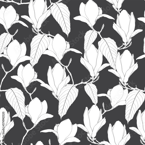 Seamless floral pattern with line tropical magnolia flowers with leaves on vintage background. Template design for textiles, interior, clothes, wallpaper. Botanical art. 