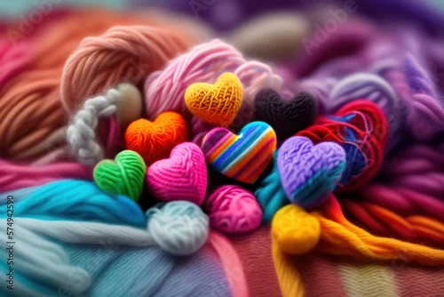 Fototapeta Des petits coeurs en laine de toutes les couleurs - generative AI