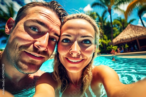 Wallpaper Mural Selfie portrait of a young tanned handsome couple in pool on vacation. AI generative Torontodigital.ca
