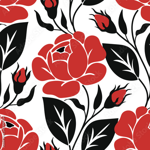 Seamless Pattern with Red Rose Inspired by Ukrainian Traditional Embroidery. Ethnic Floral Motif, Handmade Craft Art. Ethnic Design. Fabric Textile, Wrapping Paper, Wallpaper. Vector Illustration