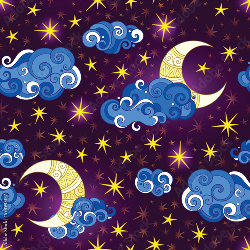 Fairytale Weather Forecast Seamless Pattern. Endless Texture with Starlight Sky. Fantasy Cartoon Design on Dark Background. Vector Contour Illustration. Abstract Art