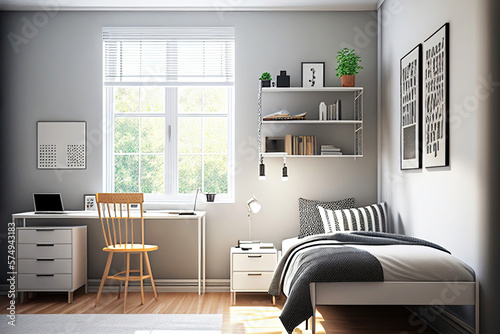 Bright minimalist youth dorm room with typical decoration and furniture as digital illustration (Generative AI) photo