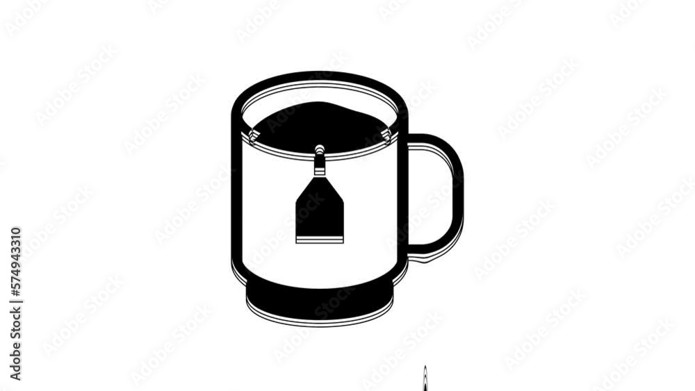 Black Cup of tea with tea bag icon isolated on white background. 4K Video motion graphic animation Black Cup of tea with tea bag icon isolated on white background. 4K Video motion graphic animation