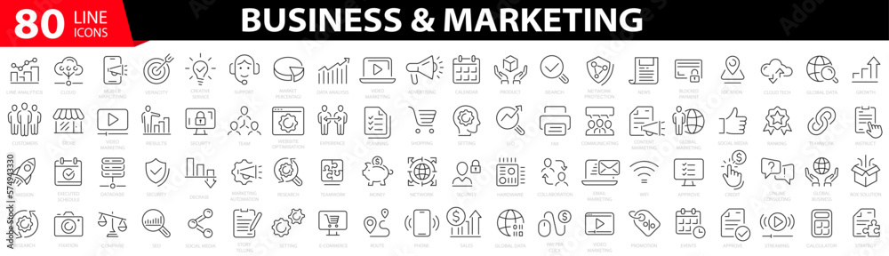 80 icons Business & marketing. Digital marketing icon. Business icon. Content, search, marketing, e-commerce, seo, electronic devices, social, social media. Vector illustration - obrazy, fototapety, plakaty 