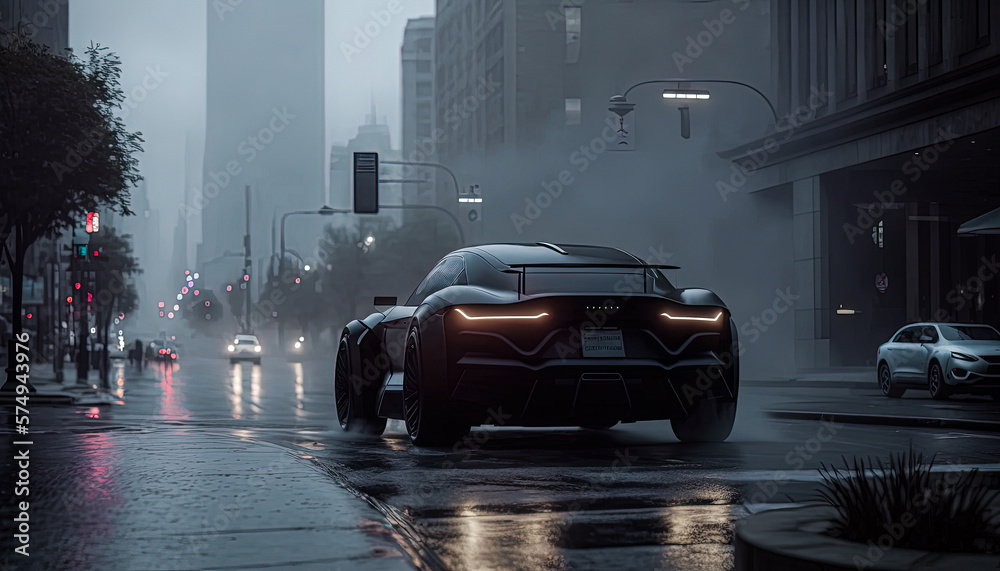Sports car concept in the city. Raining in the evening. Created with Generative AI