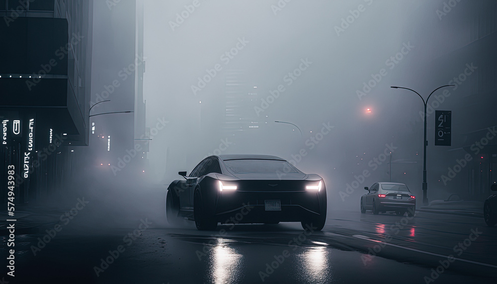 Concept electric car on the road in a fog. Bad weather. Created with Generative AI