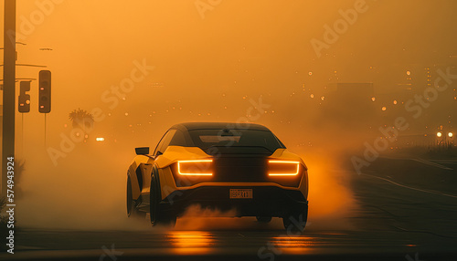 Fast car driving through fog on a wet city street. Concept vehicle created with Generative AI