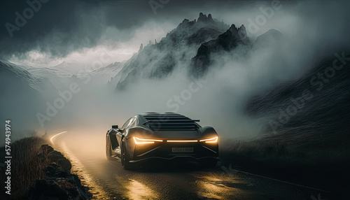 Supercar concept on a mountain road with a fog. Created with Generative AI