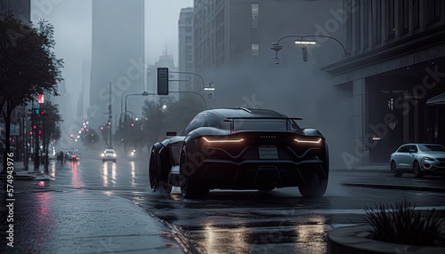 Sports car concept in the city. Raining in the evening. Created with Generative AI © AI Studio - R