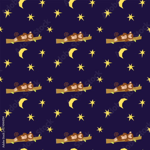 A cute monkey sleeps on a branch next to the moon and stars. Seamless pattern on a blue background. Decor for childrens posters, postcards, clothing and interior decoration. Vector illustration.