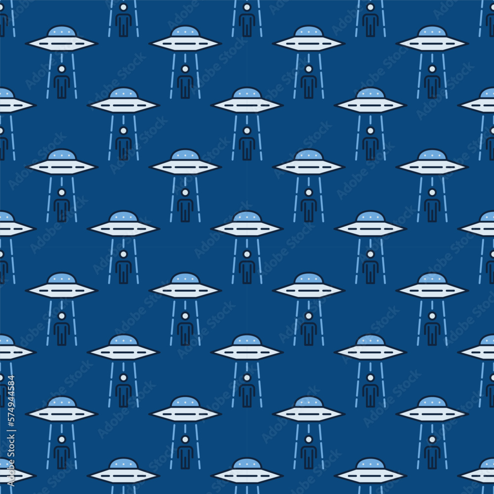 UFO Abduction vector Invasion modern blue seamless pattern