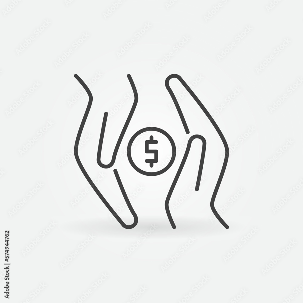 Dollar Coin in Hands vector concept outline icon or sign Dollar Coin in Hands vector concept outline icon or sign