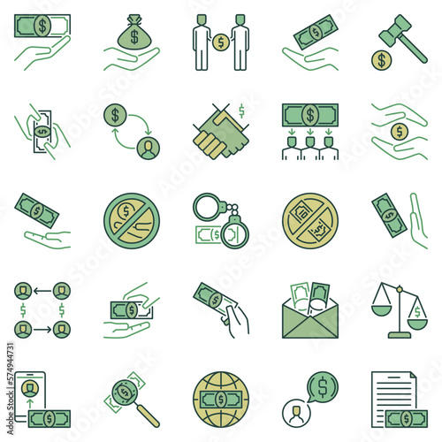 Corruption colored icons set. Bribe and Money creative concept signs