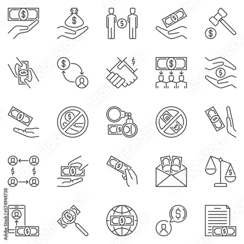 Corruption outline icons set - Bribery concept linear symbols
