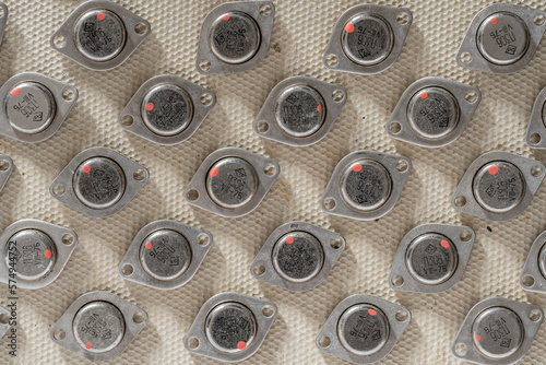 Background of vintage radio components, many old transistors made in the ussr, closeup radio parts