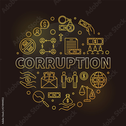 Corruption concept outline circular golden banner. Vector round illustration