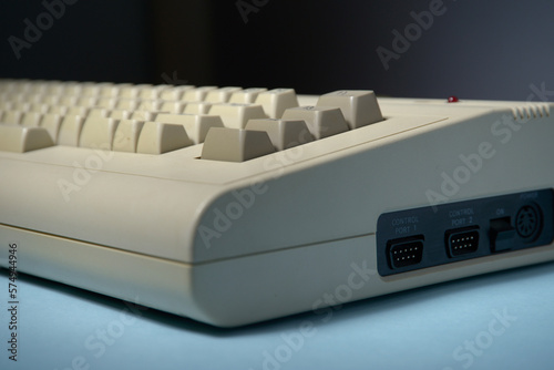 Moody close-up view of a retro computer from the 1980s.