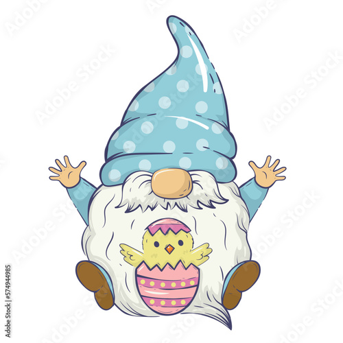 Vector Easter illustration with a spring gnome sitting next to a painted egg with a chick. For cards  invitations  packaging design  posters  prints