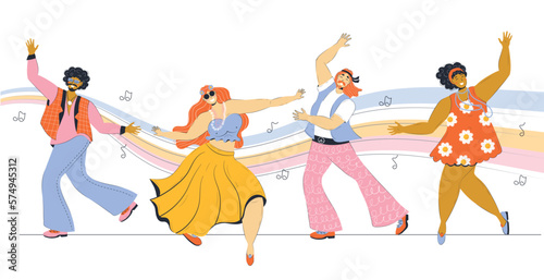 group of young hippie women and men dancing against the backdrop of rainbow waves of retro songs