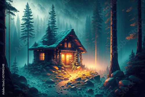 Fototapeta a cabin in the woods with a light on at the end of the night in the foggy forest