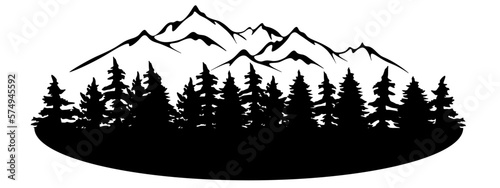 Black silhouette of mountains and fir trees landscape panorama illustration icon vector for forest wildlife adventure camping logo, isolated on white background