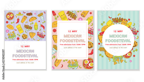 Set of Mexican fast food menu template with kawaii food in cartoon doodle style Poster for food fair and fisteval