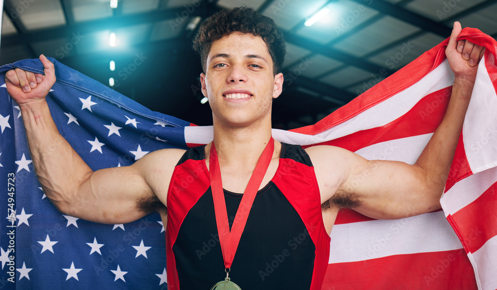 Fototapeta premium Man, medal and usa flag for winner, athlete and portrait for celebration, sports and goals in competition. Gen z person, US and smile for winning, celebrate and happiness for victory in sport contest
