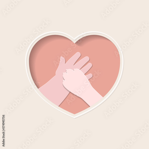 Big paw of dog on hand of kid, in pink heart shaped frame paper art 