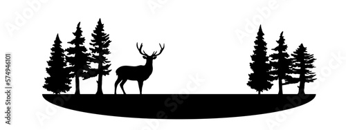 Black silhouette of fir trees and wild deer, landscape panorama illustration icon vector for forest wildlife adventure camping logo, isolated on white background