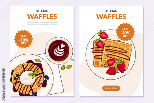 Set of posters with colorful Belgian waffles. Different waffles on a brigth background. Special offer. Vector illustration in doodle style. Banner, promo, advertising, card, cover, poster.