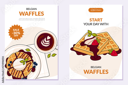 Set of posters with colorful Belgian waffles. Different waffles on a brigth background. Special offer. Vector illustration in doodle style. Banner, promo, advertising, card, cover, poster.
