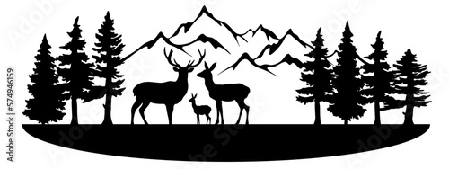 Black silhouette of mountains  fir trees and wild deer  landscape panorama illustration icon vector for forest wildlife adventure camping logo  isolated on white background