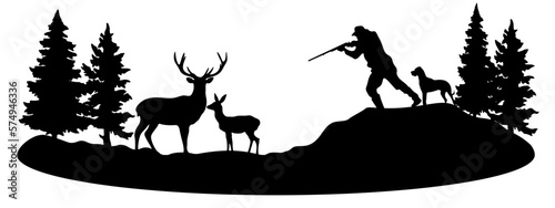 Wildlife forest landscape hunt hobby leisure background banner illustration vector for logo - Black silhouette of hunter and dog hunting, deer and forest trees fir, isolated on white background