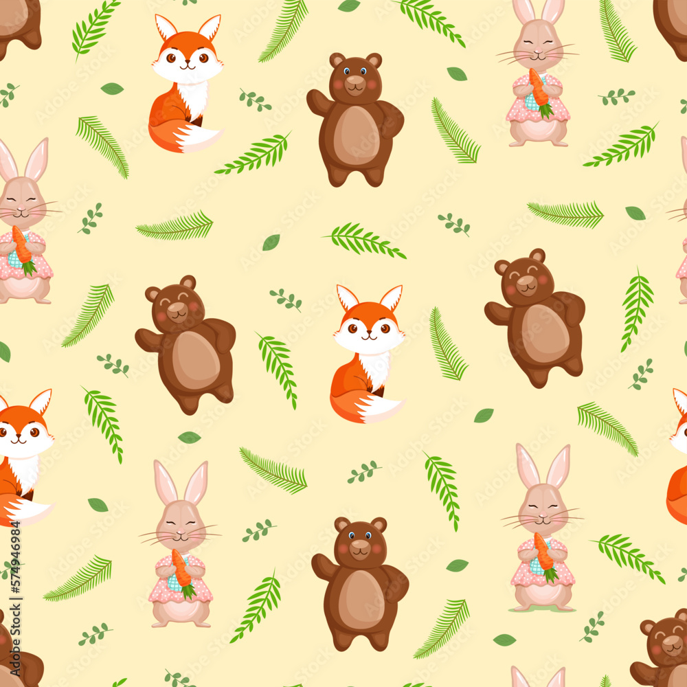 Seamless vector pattern with forest animals - bear, hare and fox with leaves and fir cones. Vector illustration for fabric, texture, wallpaper, poster, postcard. Editable elements. Cartoon design.