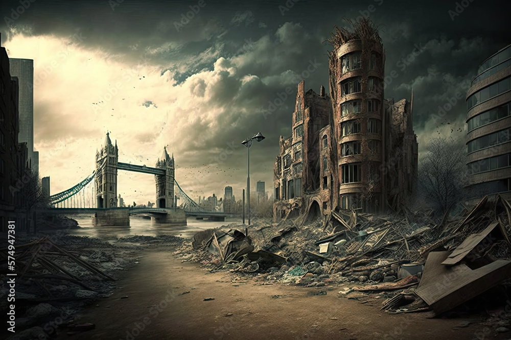 Apocalyptic view of destroyed world, post apocalypse after world war