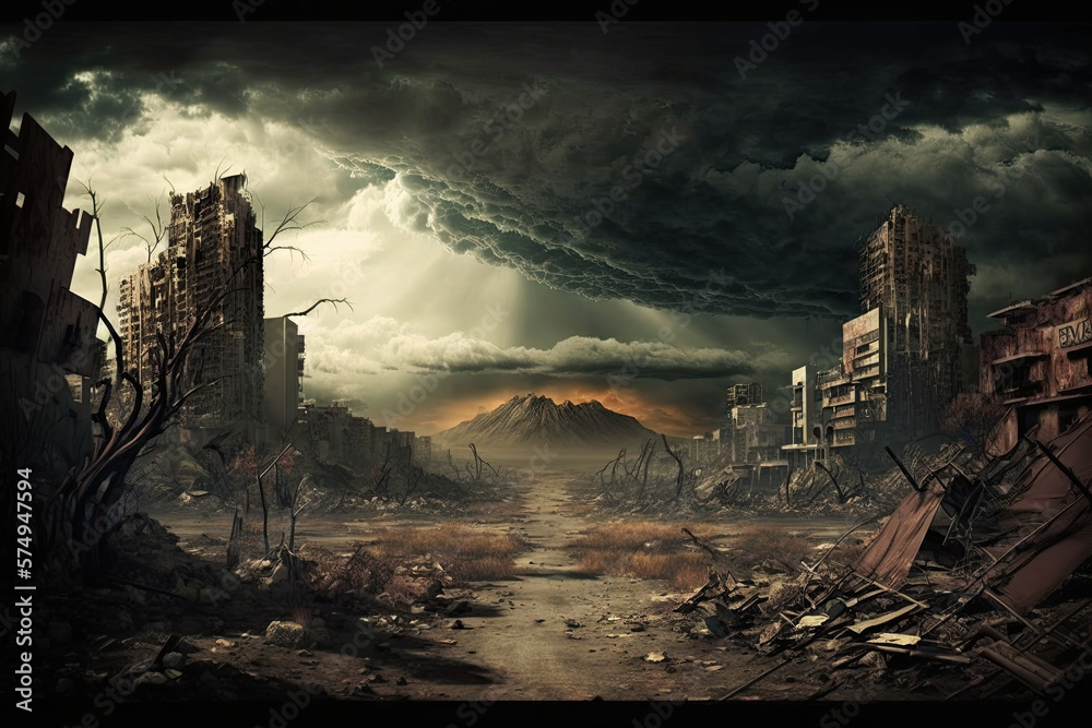 Apocalyptic view of destroyed world, post apocalypse after world war, Generative AI. - obrazy, fototapety, plakaty 